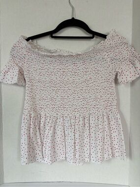Japna White Off-Shoulder Smocked Top with Red Polka Dots